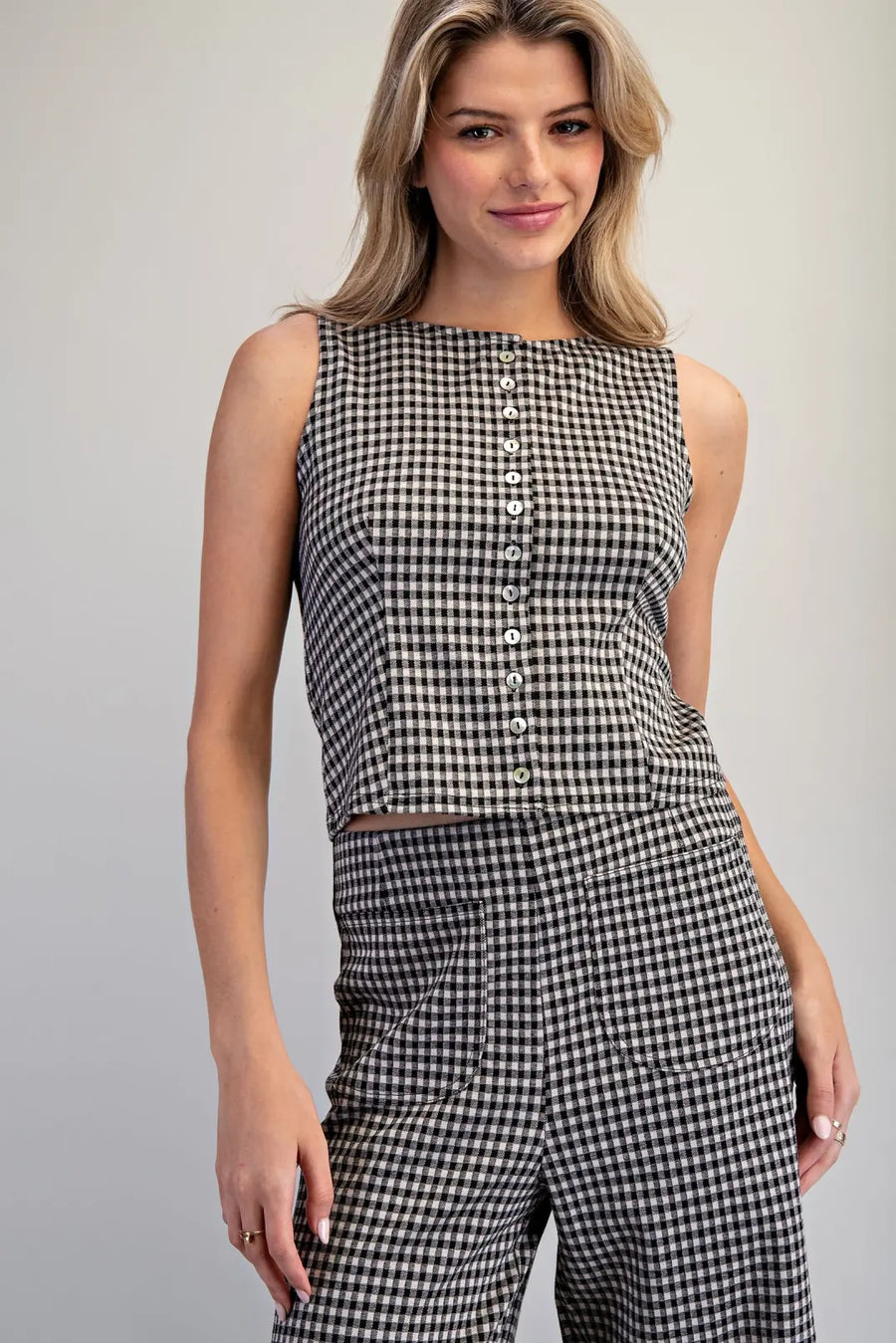 Gia Button Down Gingham Sleeveless Top