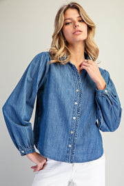 Nellie Ruffled Trim&nbsp; Button Down Denim Long Sleeve Blouse Top