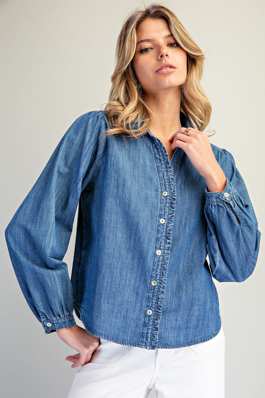 Nellie Ruffled Trim&nbsp; Button Down Denim Long Sleeve Blouse Top