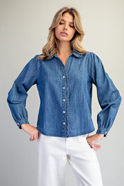 Nellie Ruffled Trim&nbsp; Button Down Denim Long Sleeve Blouse Top
