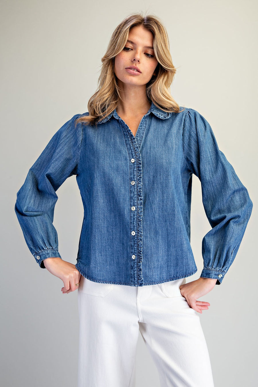 Nellie Ruffled Trim&nbsp; Button Down Denim Long Sleeve Blouse Top