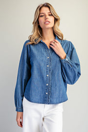 Nellie Ruffled Trim&nbsp; Button Down Denim Long Sleeve Blouse Top