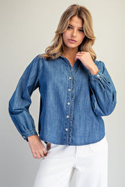 Nellie Ruffled Trim&nbsp; Button Down Denim Long Sleeve Blouse Top