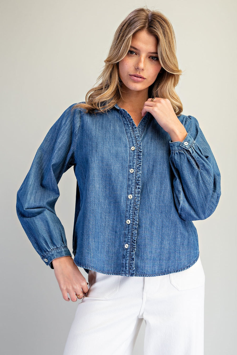 Nellie Ruffled Trim&nbsp; Button Down Denim Long Sleeve Blouse Top