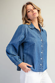 Nellie Ruffled Trim&nbsp; Button Down Denim Long Sleeve Blouse Top