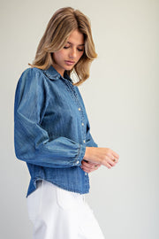 Nellie Ruffled Trim&nbsp; Button Down Denim Long Sleeve Blouse Top