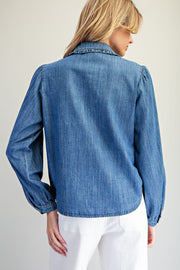 Nellie Ruffled Trim&nbsp; Button Down Denim Long Sleeve Blouse Top