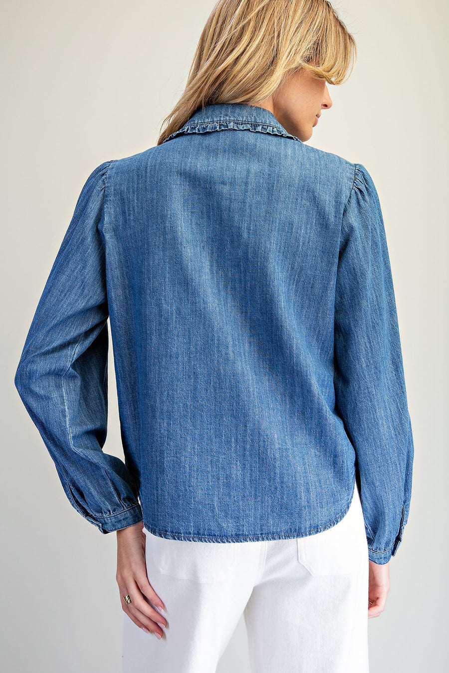Nellie Ruffled Trim&nbsp; Button Down Denim Long Sleeve Blouse Top