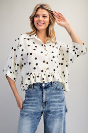 Tammie Polka Dot Jacquard Ruffle Hem Button Front Top