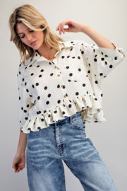 Tammie Polka Dot Jacquard Ruffle Hem Button Front Top