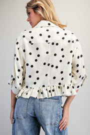 Tammie Polka Dot Jacquard Ruffle Hem Button Front Top