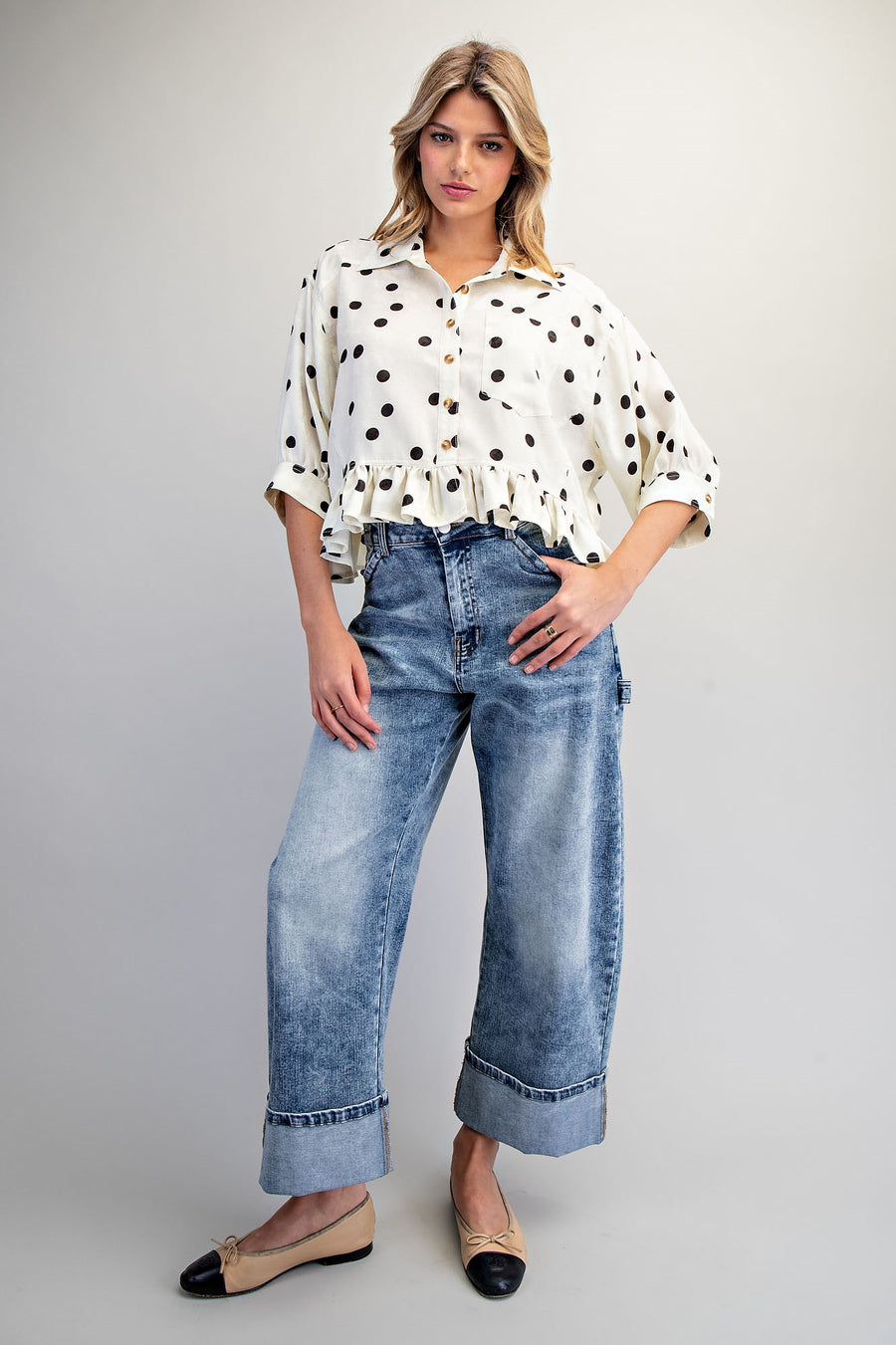 Tammie Polka Dot Jacquard Ruffle Hem Button Front Top