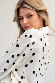Tammie Polka Dot Jacquard Ruffle Hem Button Front Top