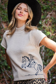 Go Cowgirl! Embroidered Mock Neck Short Sleeve Knit Top
