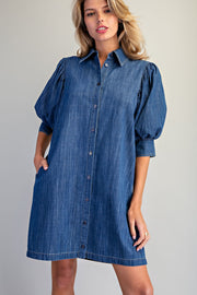 Beulah Denim Bubble Puff Half Sleeve Denim Shirt Dress