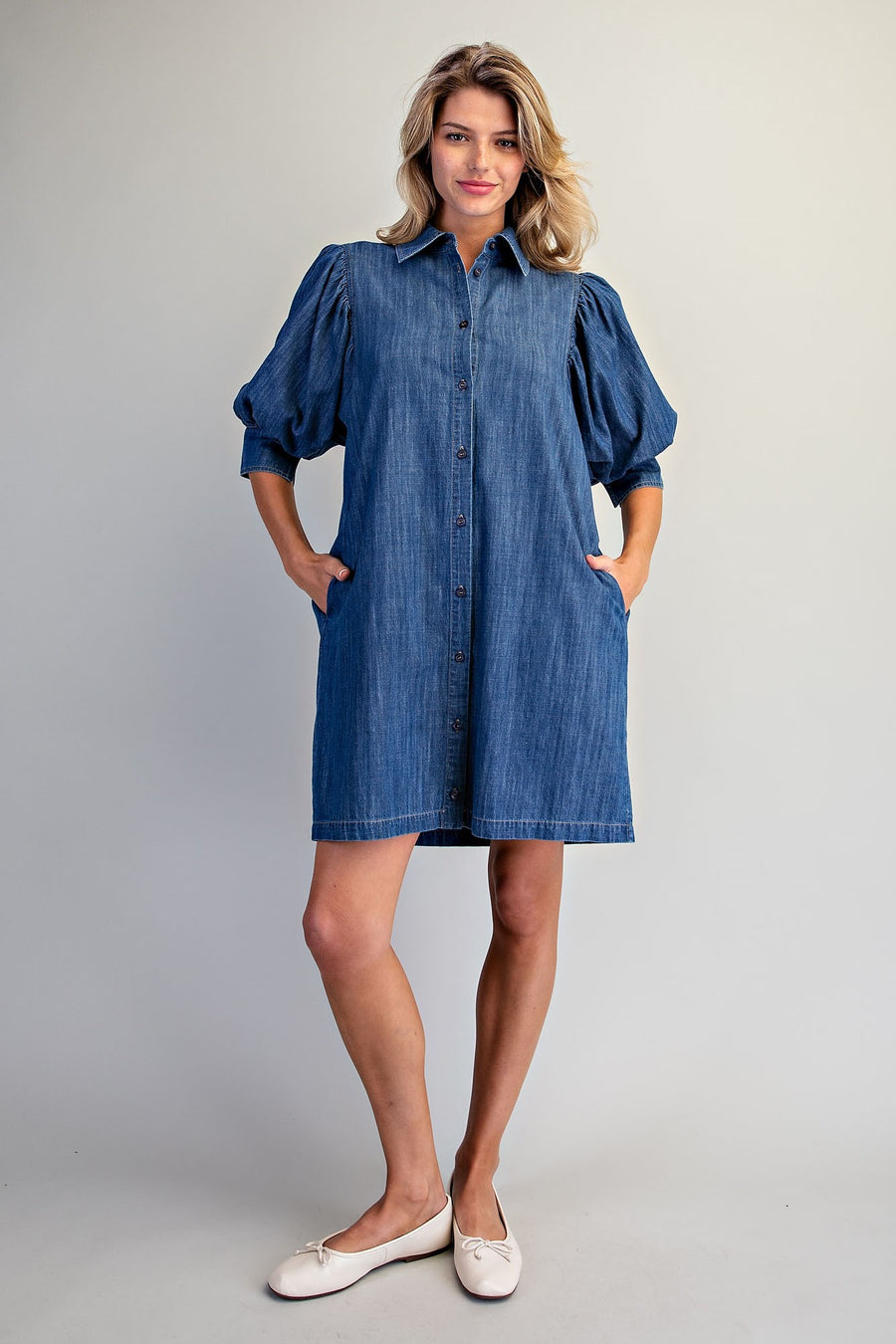 Beulah Denim Bubble Puff Half Sleeve Denim Shirt Dress
