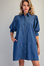Beulah Denim Bubble Puff Half Sleeve Denim Shirt Dress