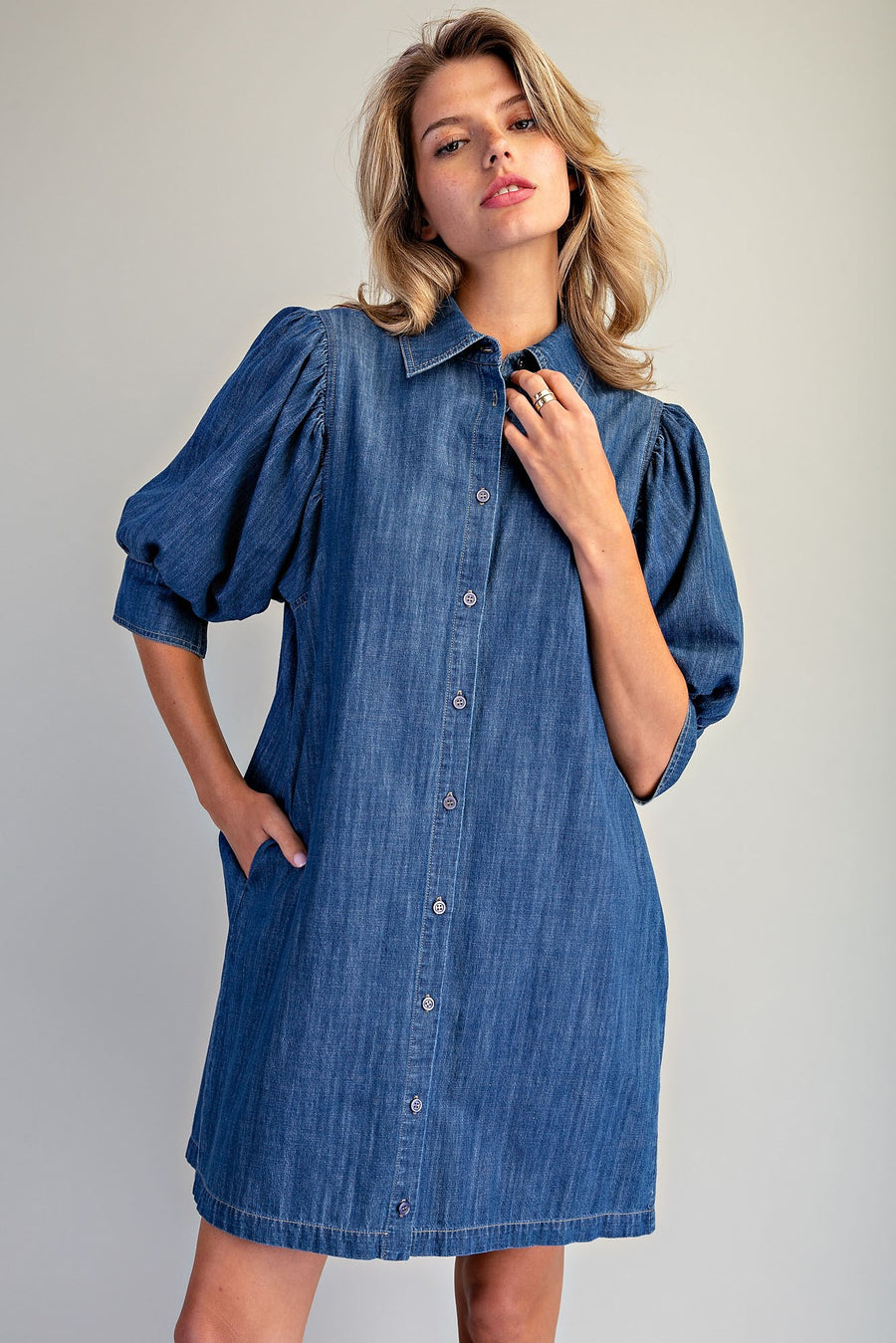 Beulah Denim Bubble Puff Half Sleeve Denim Shirt Dress