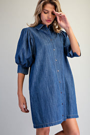 Beulah Denim Bubble Puff Half Sleeve Denim Shirt Dress