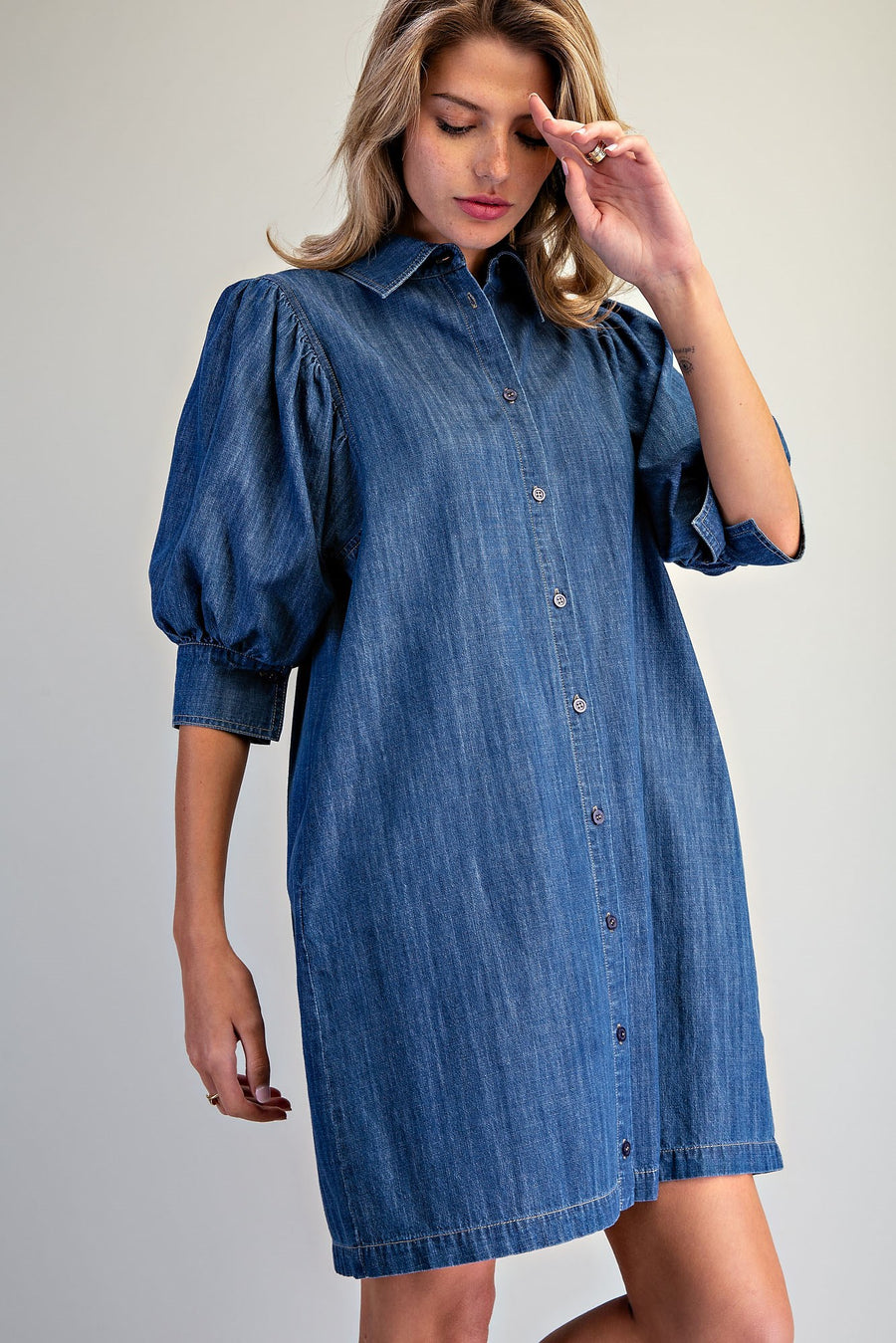 Beulah Denim Bubble Puff Half Sleeve Denim Shirt Dress