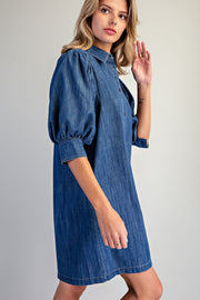 Beulah Denim Bubble Puff Half Sleeve Denim Shirt Dress