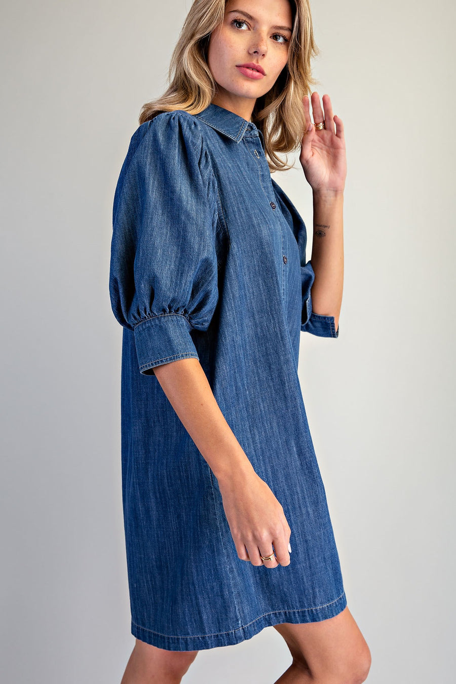 Beulah Denim Bubble Puff Half Sleeve Denim Shirt Dress