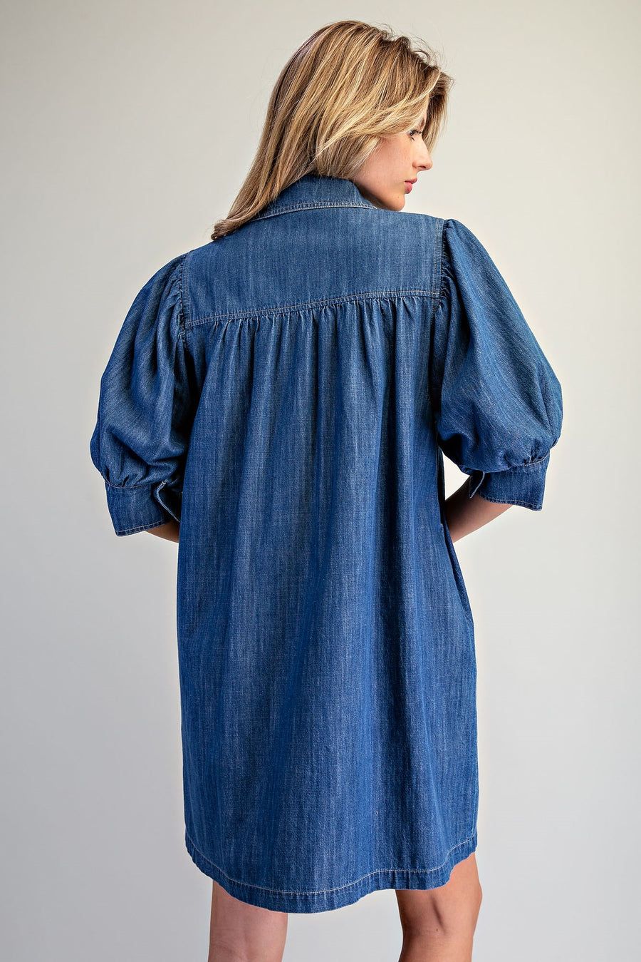 Beulah Denim Bubble Puff Half Sleeve Denim Shirt Dress