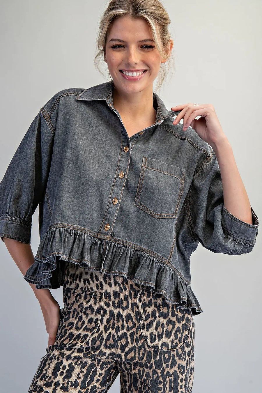 Tamara Ruffle Hem Button Front Denim Top