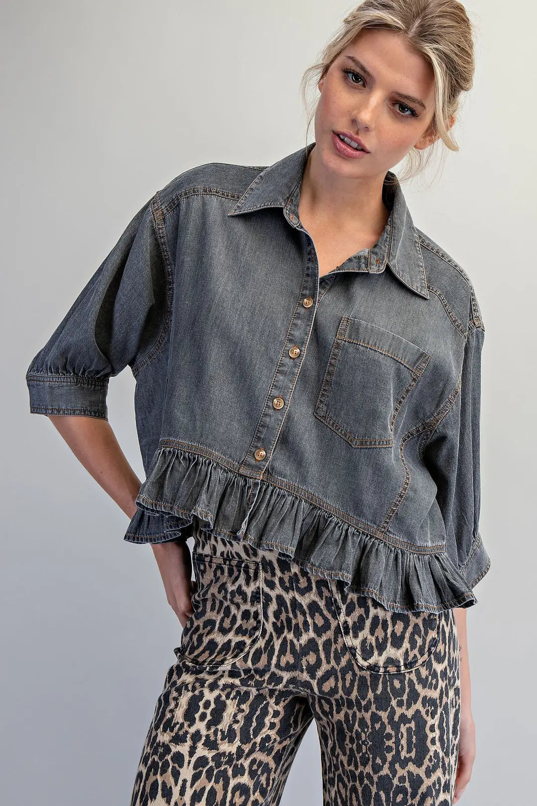 Tamara Ruffle Hem Button Front Denim Top