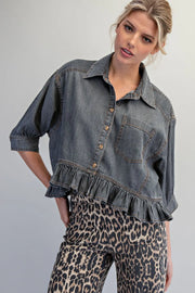 Tamara Ruffle Hem Button Front Denim Top