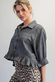 Tamara Ruffle Hem Button Front Denim Top