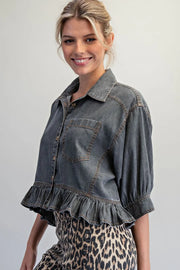 Tamara Ruffle Hem Button Front Denim Top