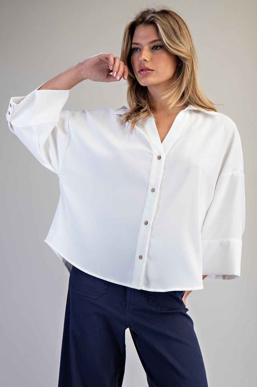 Dawna V-Neckline Button Front Pleated Back Blouse