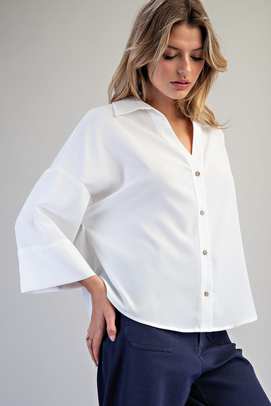 Dawna V-Neckline Button Front Pleated Back Blouse