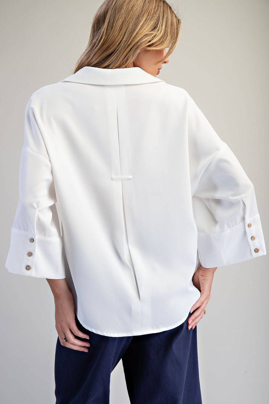 Dawna V-Neckline Button Front Pleated Back Blouse