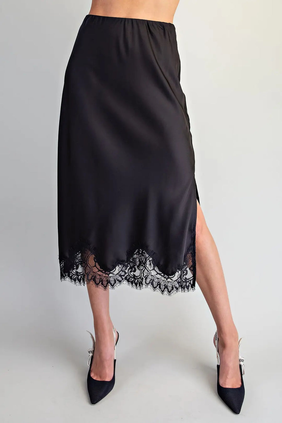 Lovada Scallop Lace Trim Satin Midi Slip Skirt