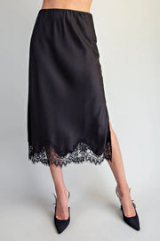 Lovada Scallop Lace Trim Satin Midi Slip Skirt