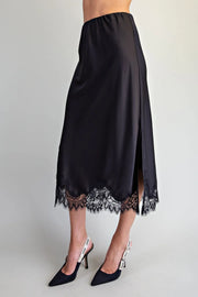 Lovada Scallop Lace Trim Satin Midi Slip Skirt