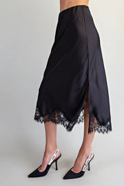 Lovada Scallop Lace Trim Satin Midi Slip Skirt