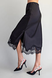 Lovada Scallop Lace Trim Satin Midi Slip Skirt