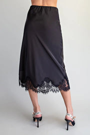 Lovada Scallop Lace Trim Satin Midi Slip Skirt