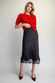 Lovada Scallop Lace Trim Satin Midi Slip Skirt