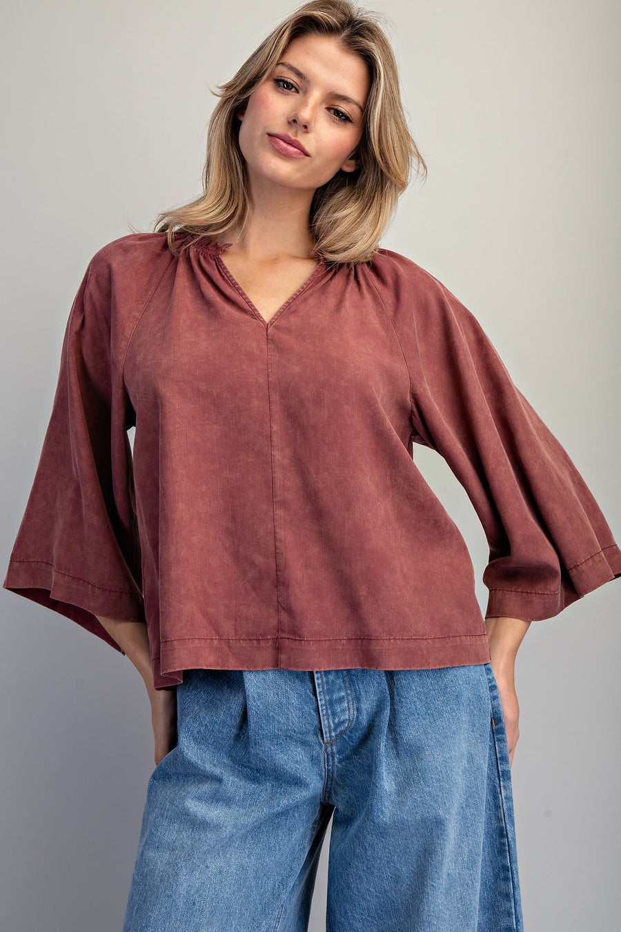 Adriana Split V-Neck Kimono Sleeve Blouse
