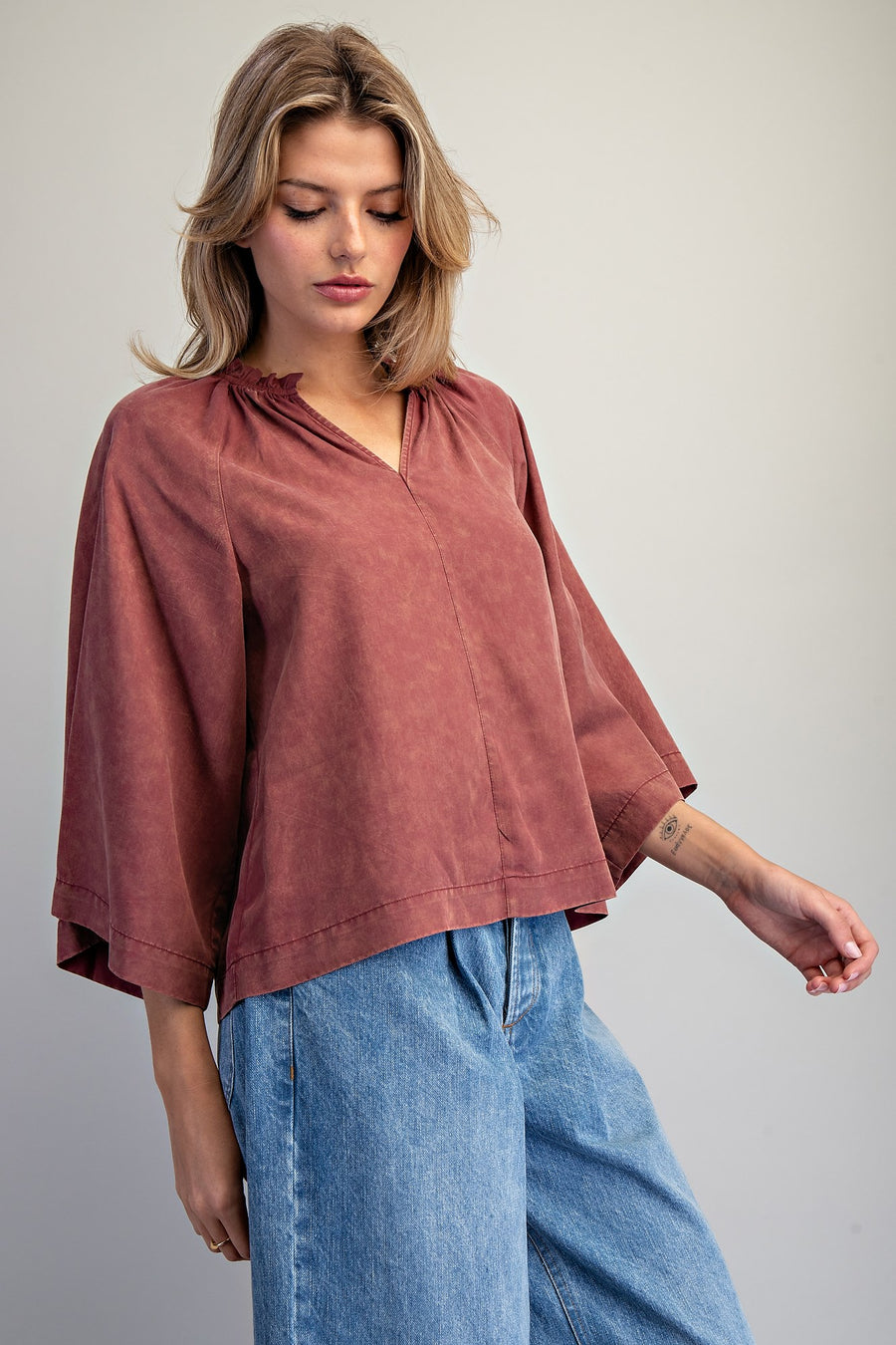 Adriana Split V-Neck Kimono Sleeve Blouse