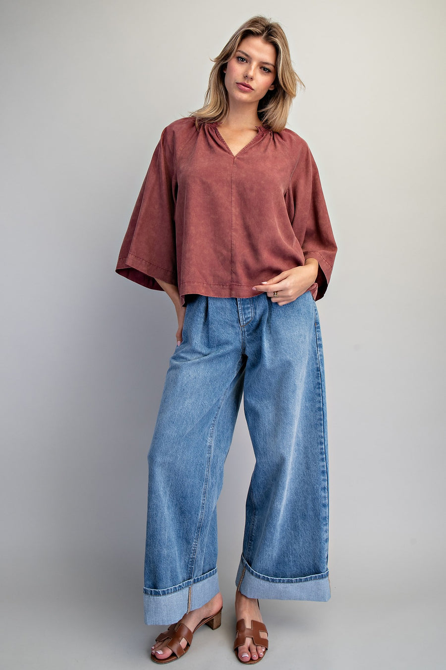 Adriana Split V-Neck Kimono Sleeve Blouse