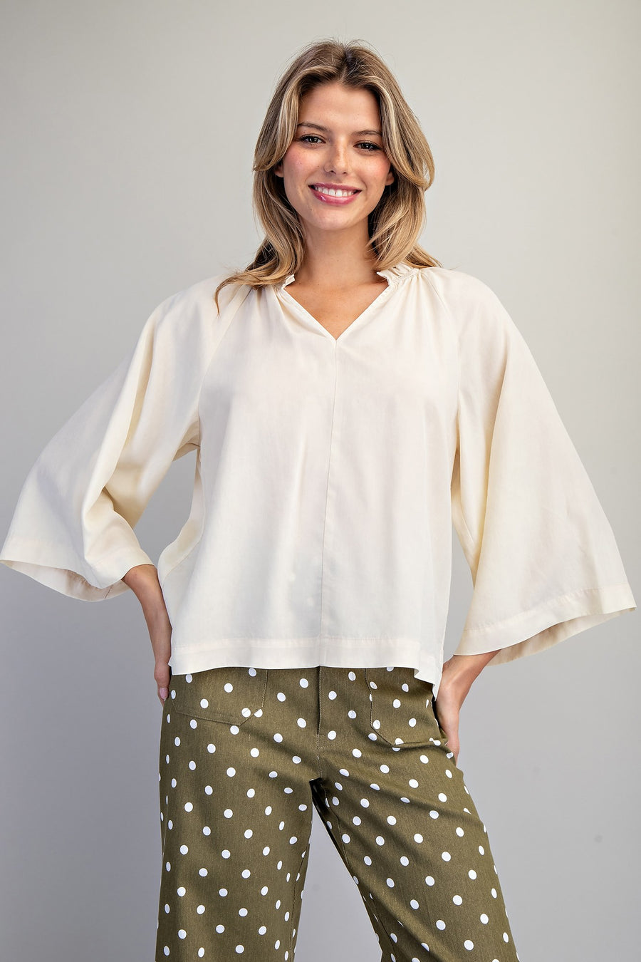 Adriana Split V-Neck Kimono Sleeve Blouse