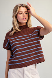 Ciara Stripe Mock Neck Short Sleeve Sweater