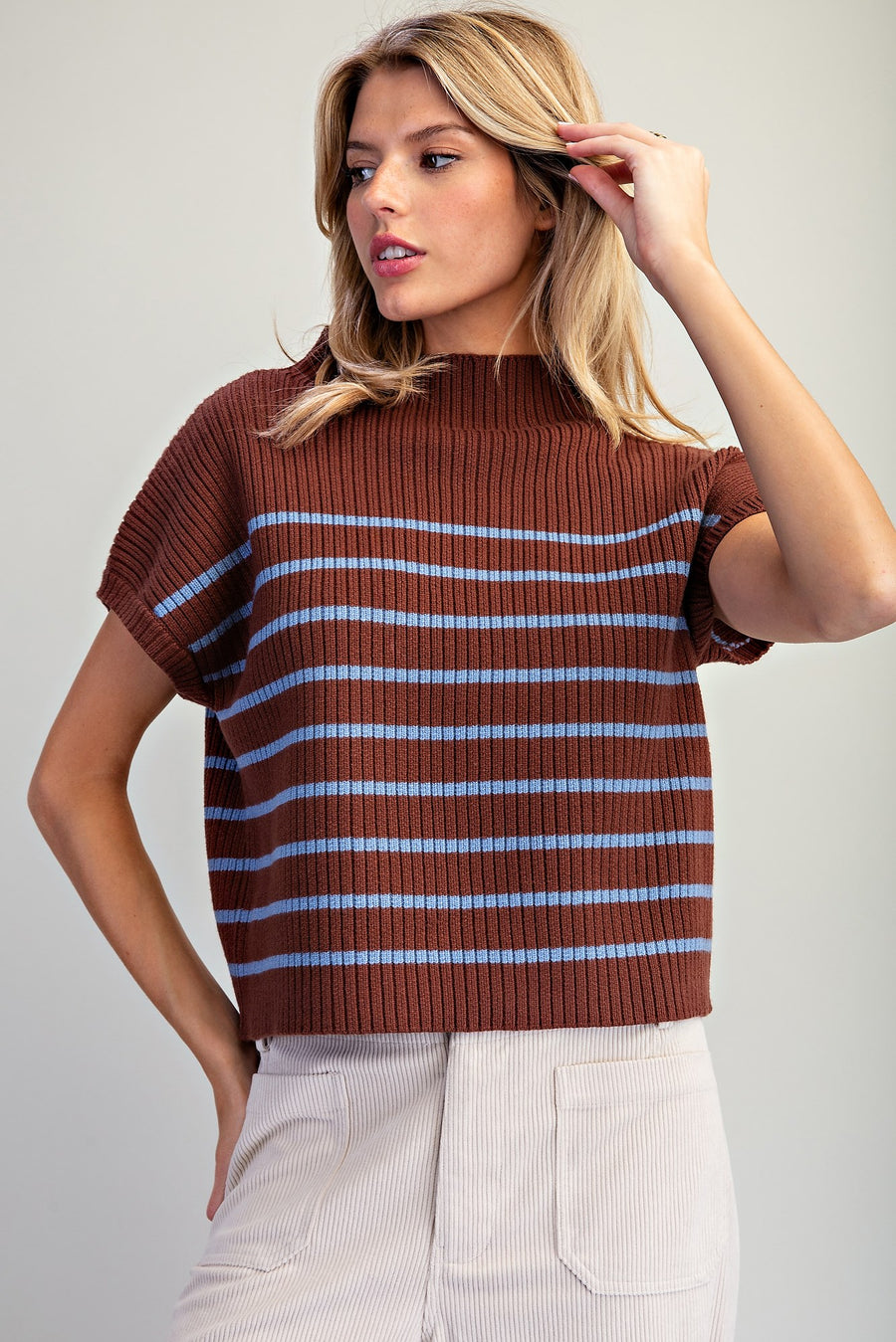 Ciara Stripe Mock Neck Short Sleeve Sweater