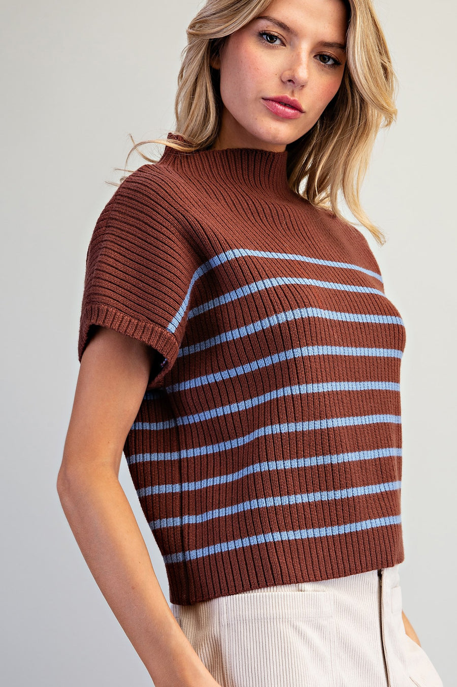 Ciara Stripe Mock Neck Short Sleeve Sweater