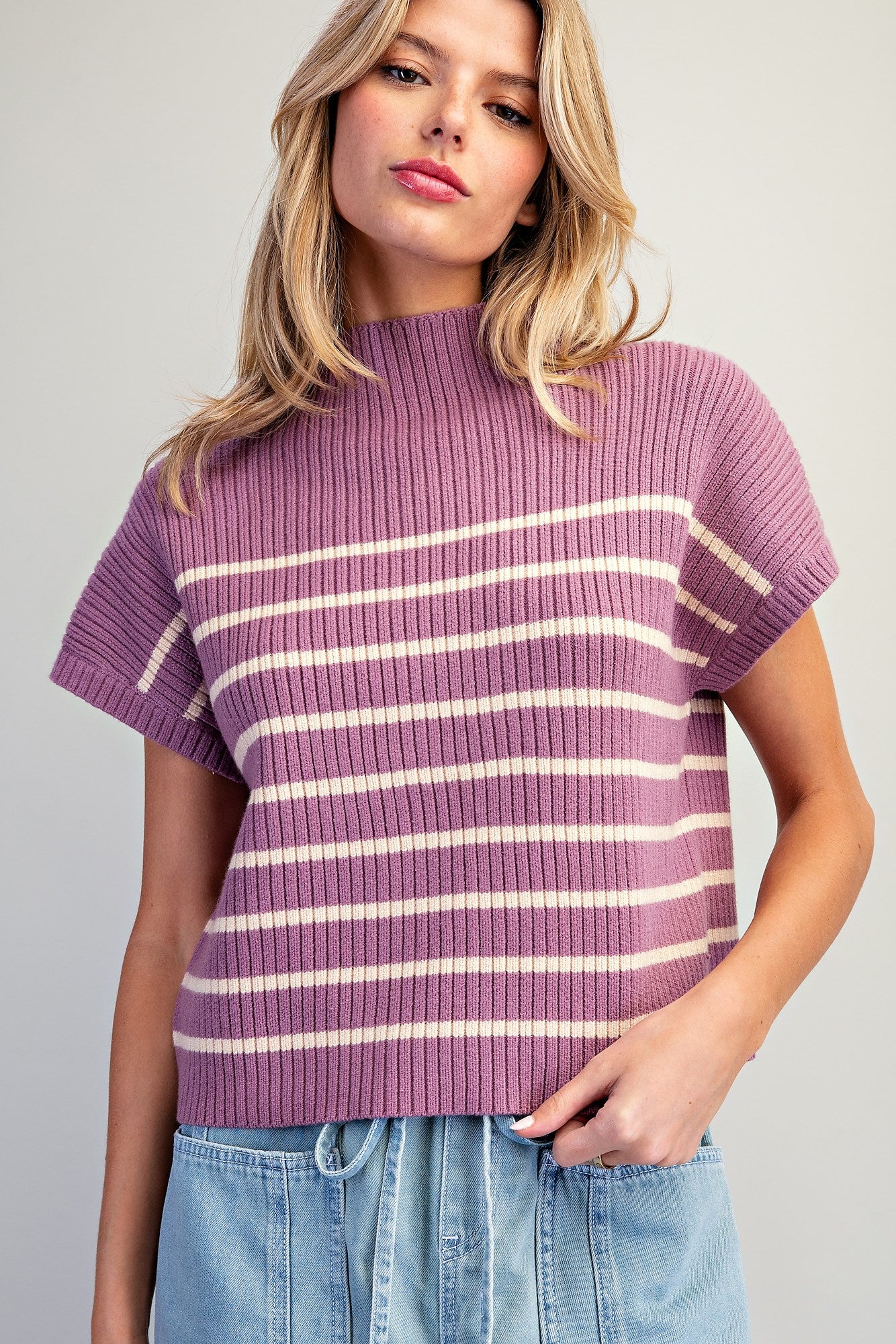Ciara Stripe Mock Neck Short Sleeve Sweater